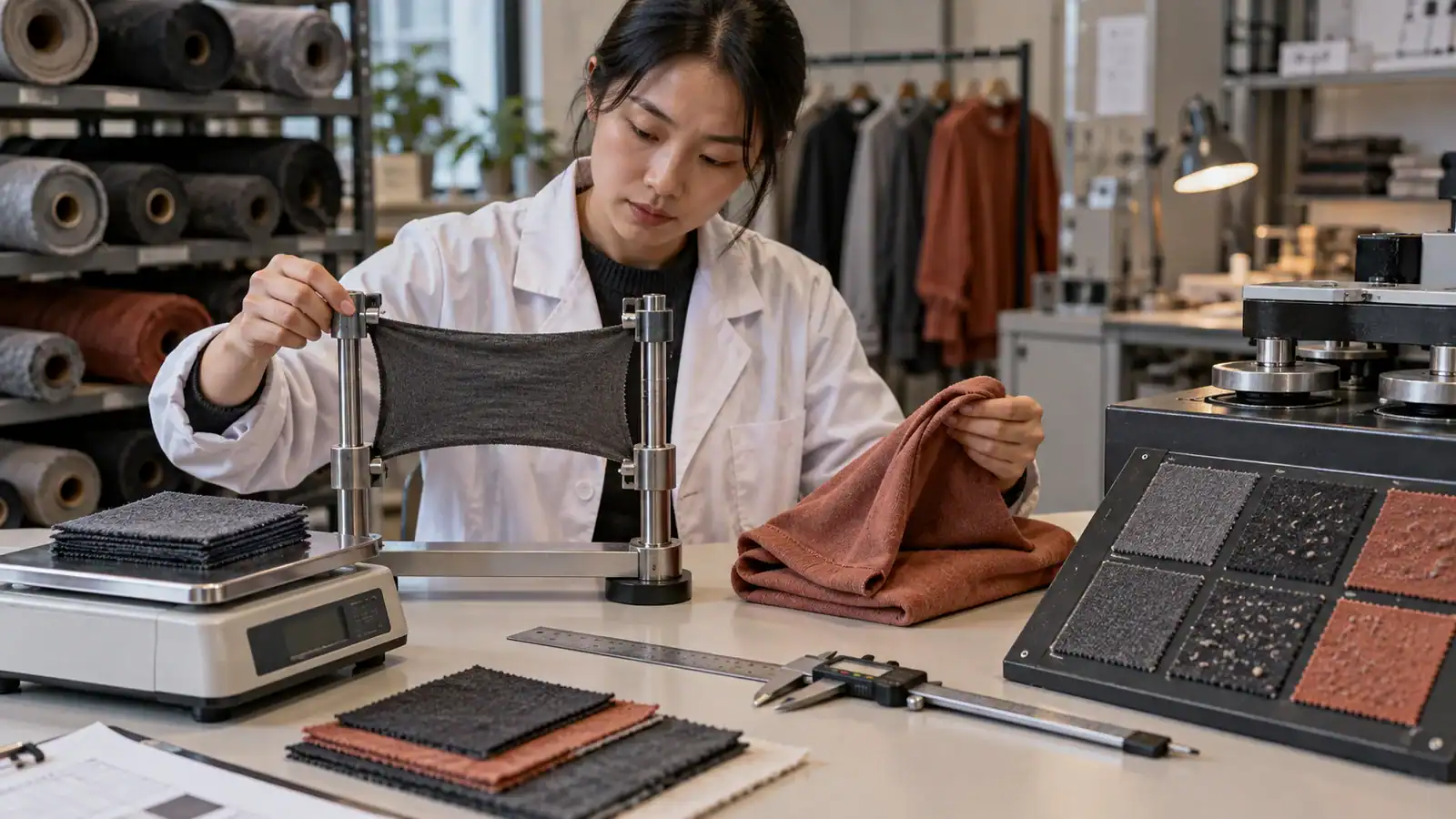 Modedesigner arbeitet an Stoffproben in einem Bekleidungsherstellungsstudio.