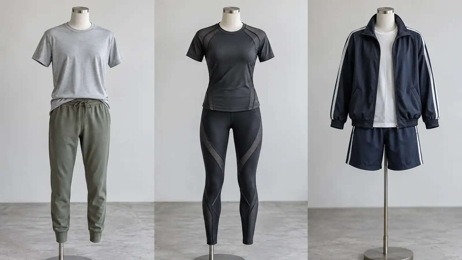 Display of custom athletic clothing including t-shirt, leggings, and sports jacket.