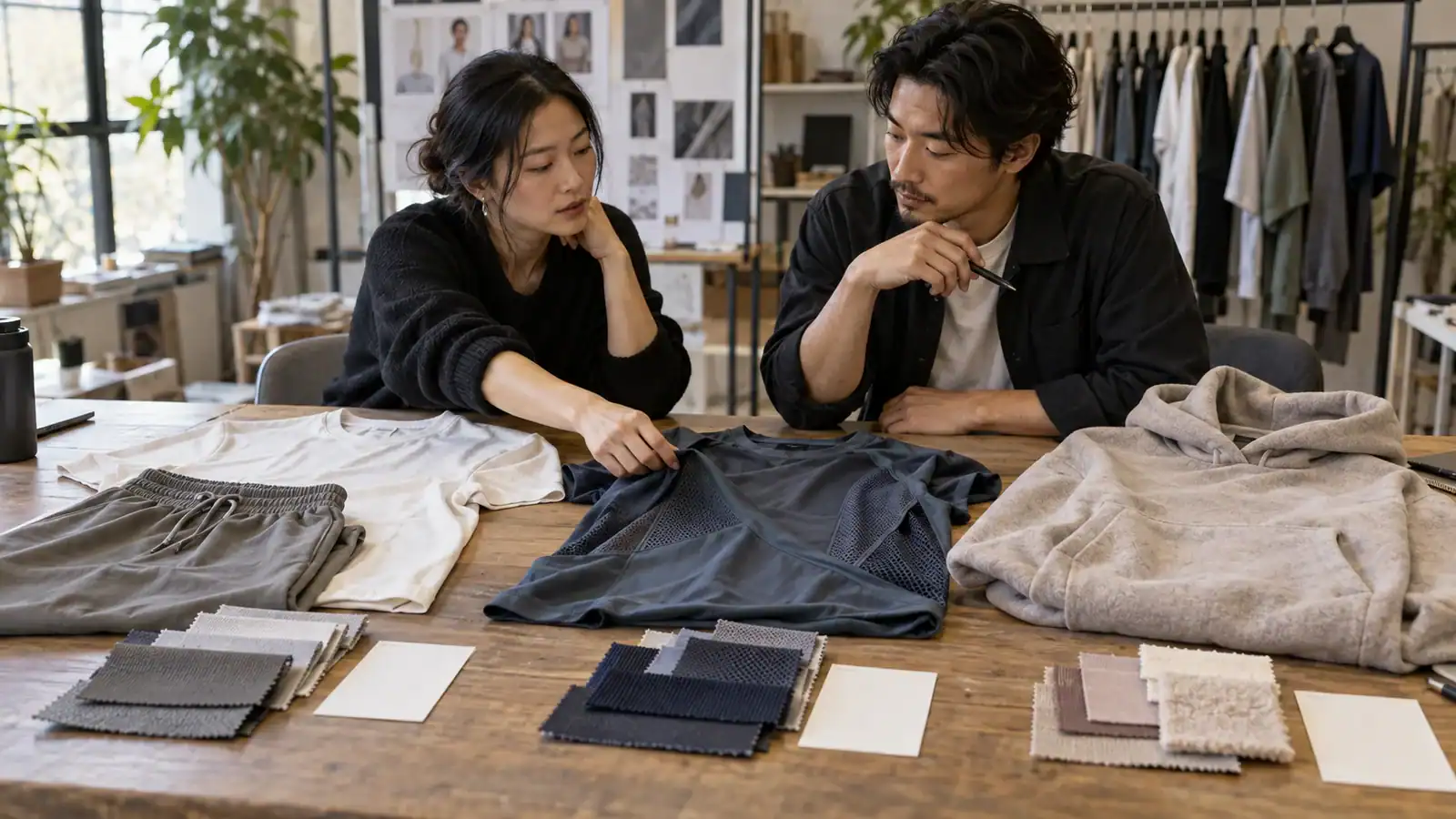 Brand buyer choosing between athleisure, performance activewear, and leisurewear directions with product samples