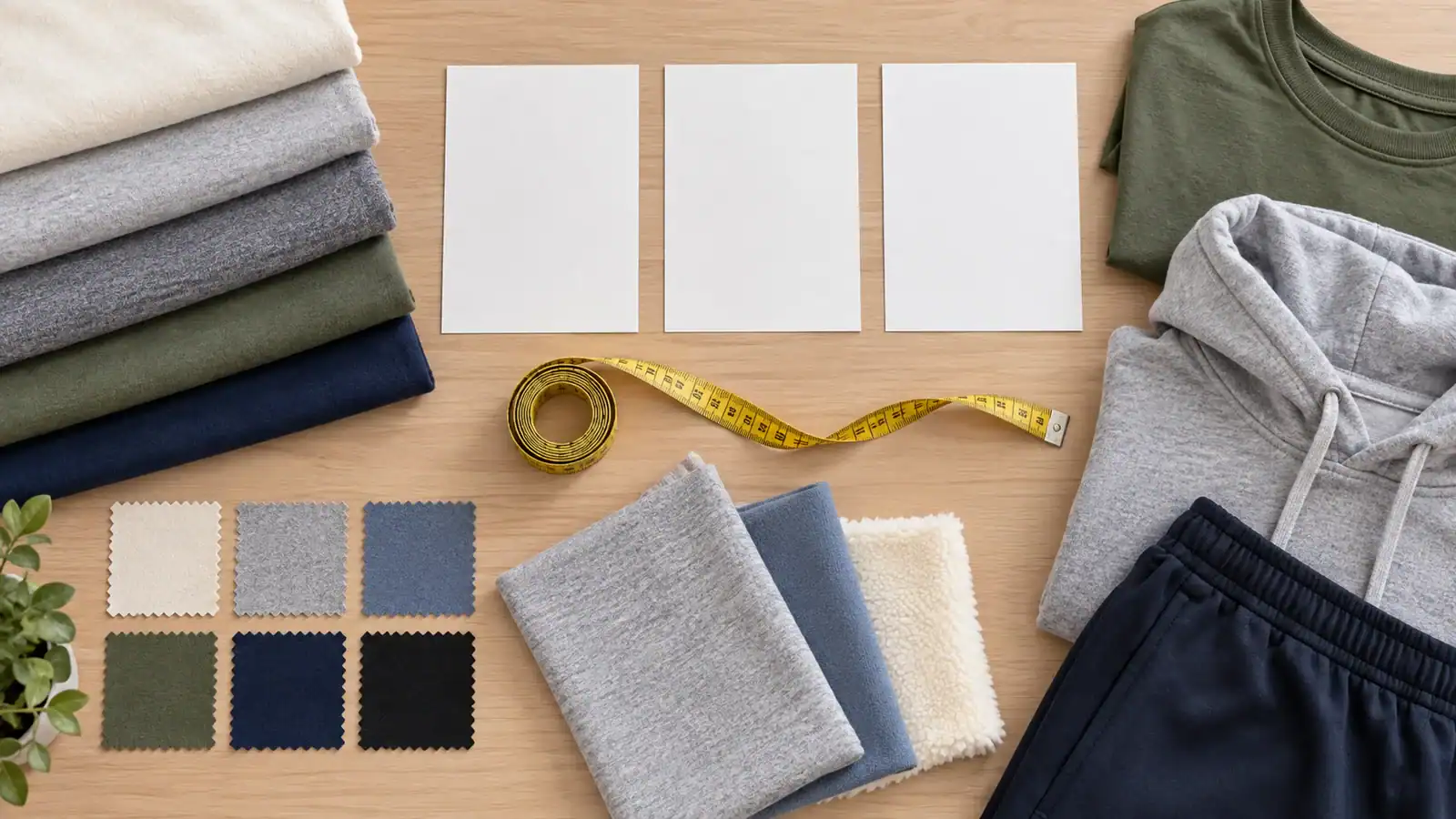 Clothing fabric samples and design sketches for custom apparel.