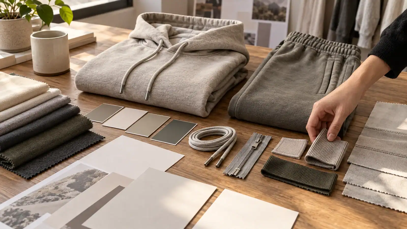 Clothing fabric samples, color swatches, and design tools for custom apparel.
