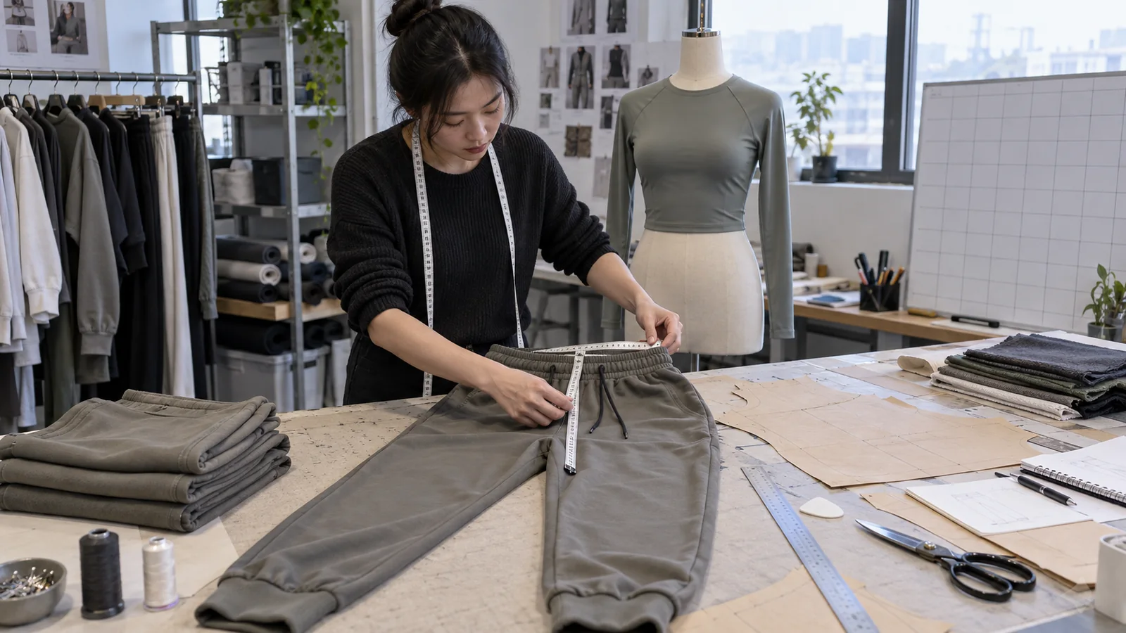 Athleisure fit review with measurement tape, graded size chart, jogger pattern pieces, and a fitted top sample