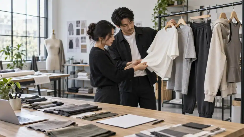 Equipo de diseño revisando muestras de telas y prototipos de ropa en un estudio moderno.