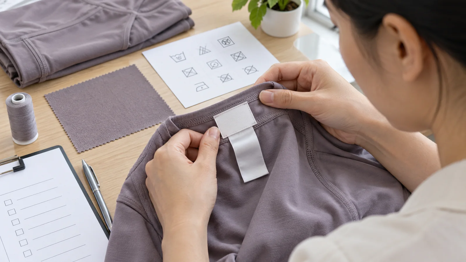 Design team working on custom activewear clothing and fabric samples.