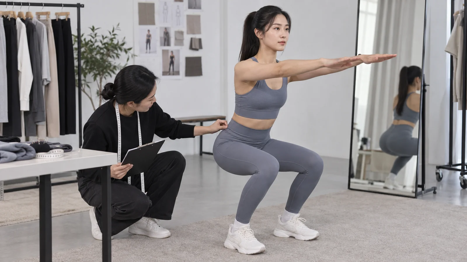 Woman in activewear performing squat with designer in studio.