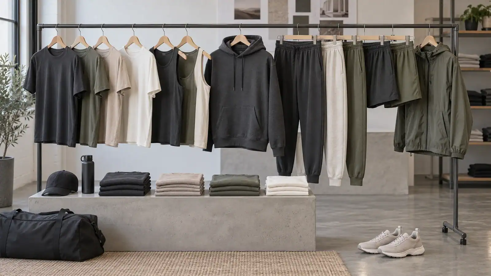 Clothing display with hoodies, t-shirts, and joggers at DETOSUN.