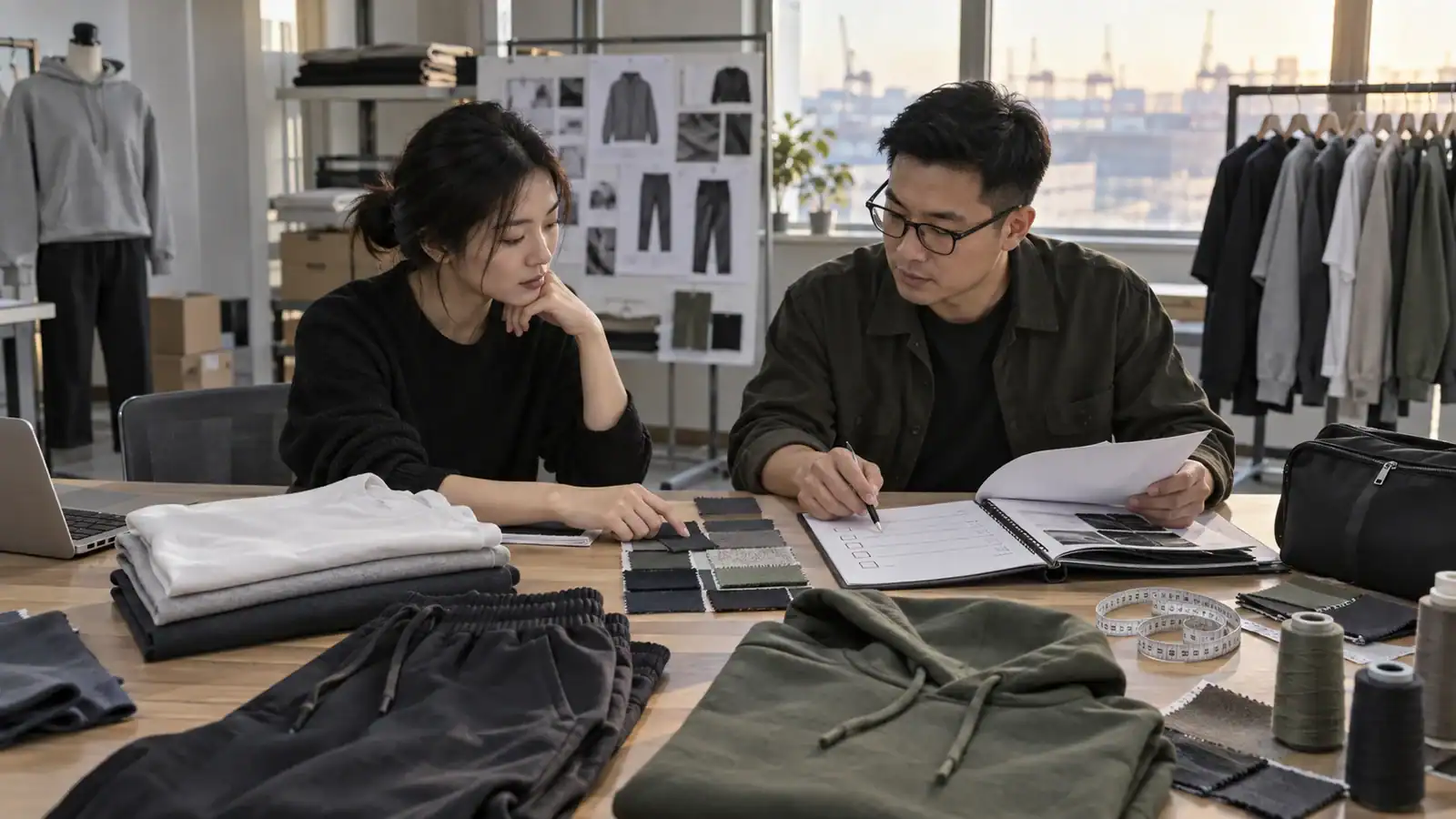 Apparel founder and product developer reviewing an athleisure concept, sealed sample, production notes, and quote checklist