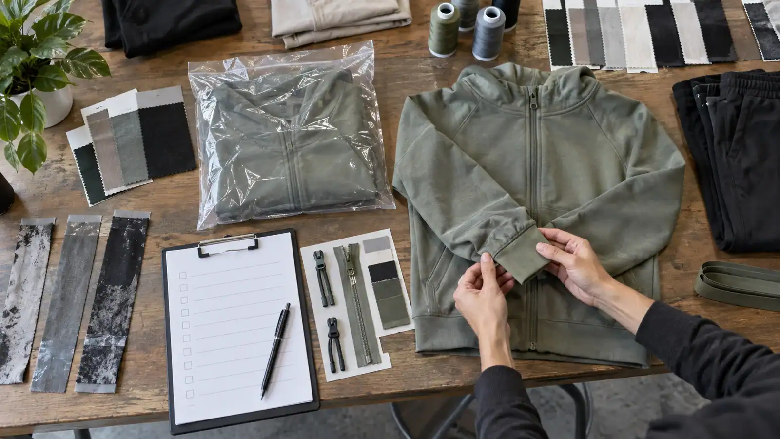 Clothing design and fabric selection process at a custom apparel manufacturer.