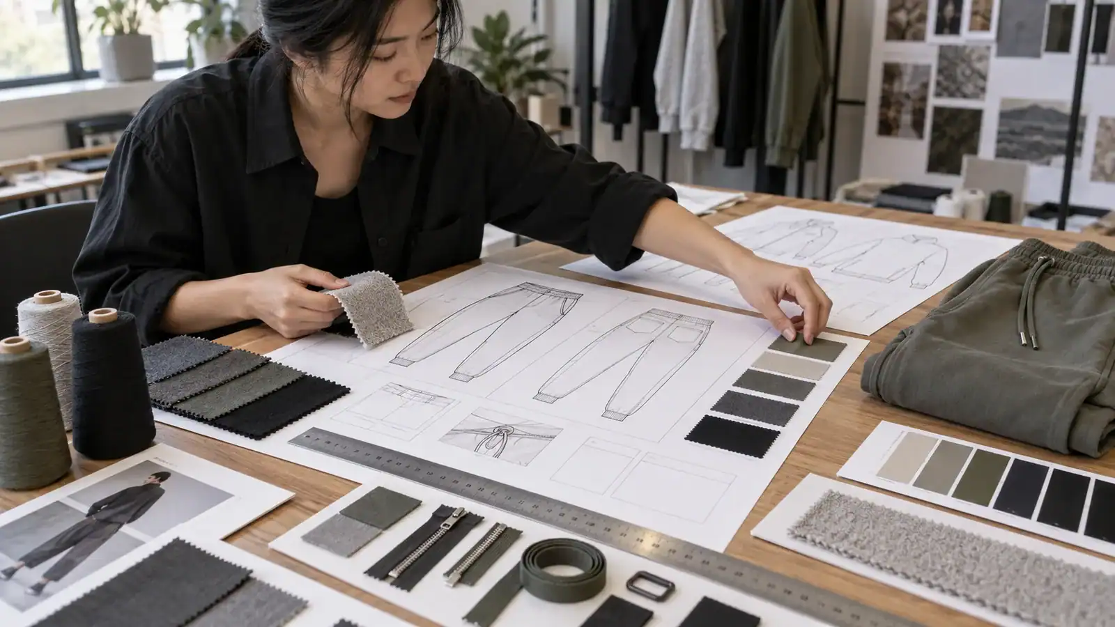 Fashion designer working on clothing patterns and fabric samples at DETOSUN.
