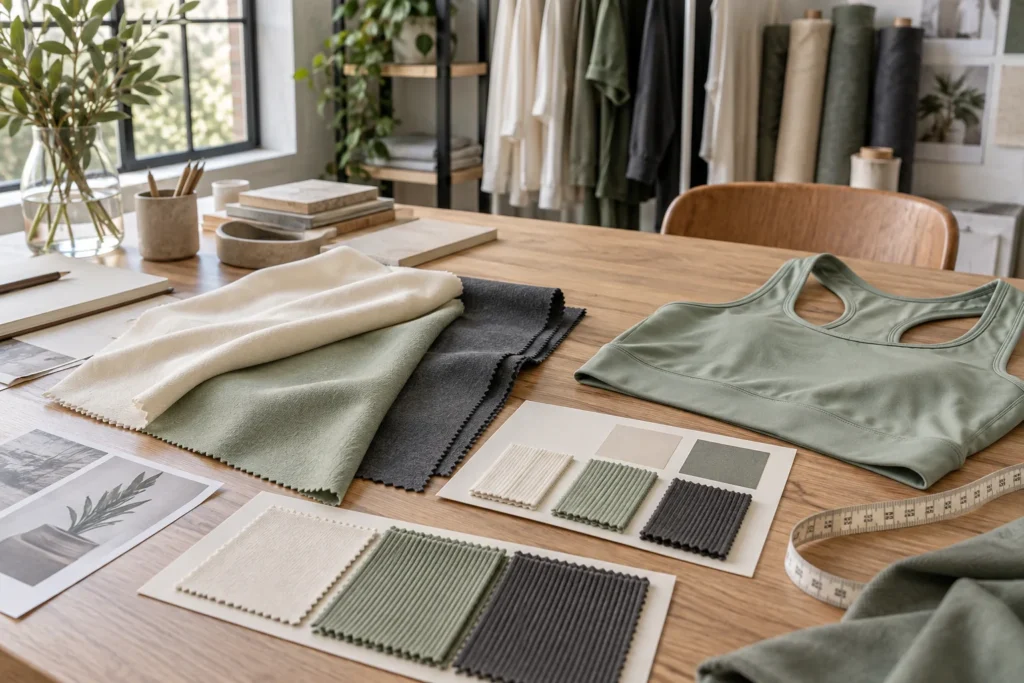 Bekleidungseinkäufer vergleicht bambusbasierte Stoffmuster, ein Stretchmuster und ein weiches Activewear-Kleidungsstück an einem Textilspezifikationstisch