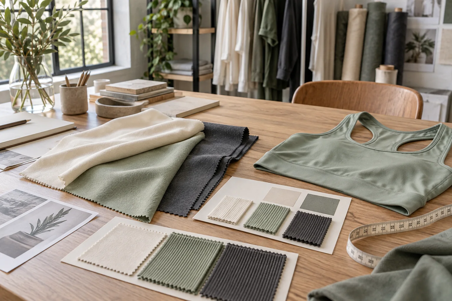 Apparel buyer comparing bamboo-based fabric swatches, a stretch sample and a soft activewear garment at a textile specification desk