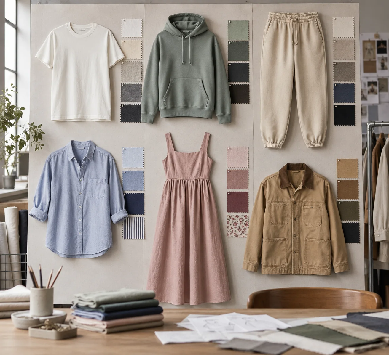 Cotton apparel application board showing T-shirt, hoodie, jogger, shirt, dress and workwear panels matched with different cotton fabrics, no logos or text