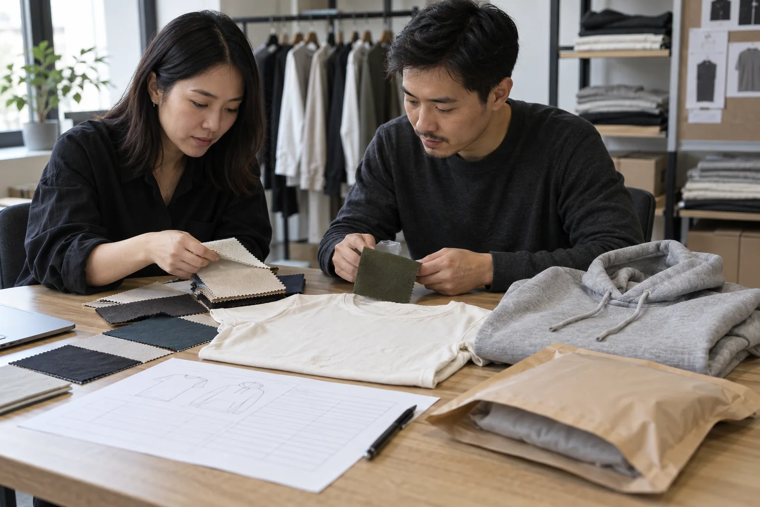 Asian apparel buyer and product developer approving cotton swatches beside a sewn T-shirt and hoodie sample, measurement sheet and packaging sample, no logos or readable text