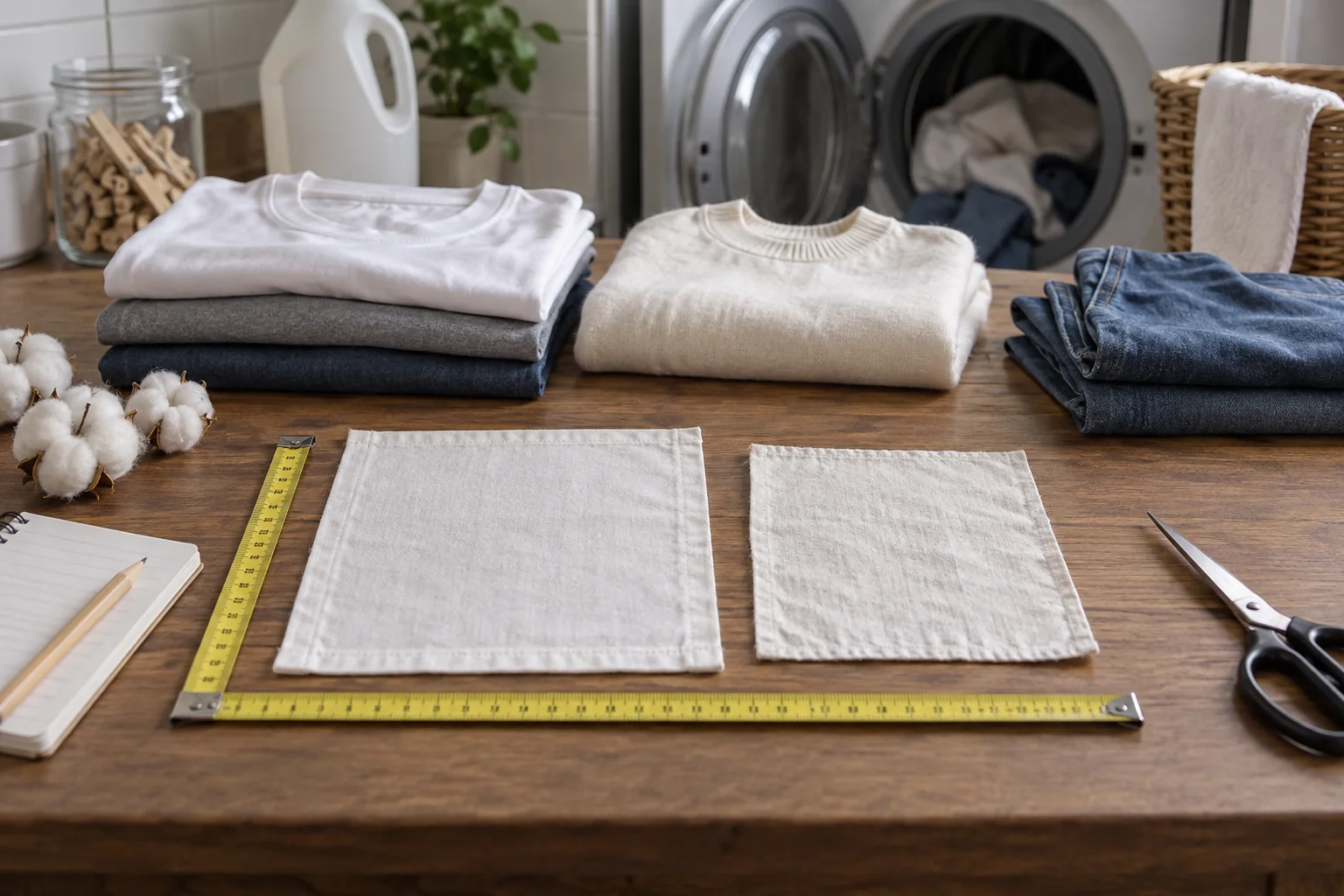 Cotton garment care and shrinkage testing scene with washed sample panels, measuring tape, laundry setup and folded cotton garments, no text