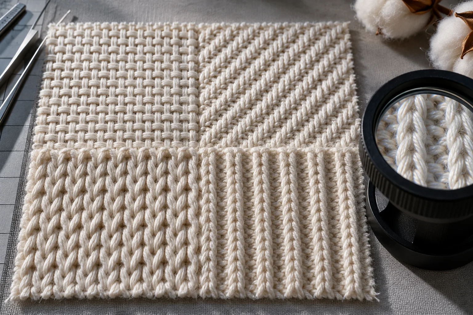 Close-up textile study comparing cotton plain weave, twill diagonal, jersey loops and rib columns beside a fabric magnifier, highly detailed, no labels