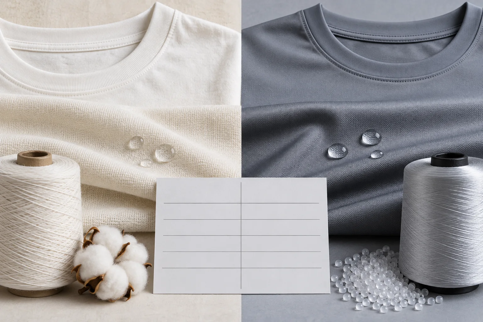 Side-by-side cotton and polyester apparel swatches with a T-shirt panel, moisture droplets, yarn cones and a blank comparison sheet, no logos or readable text