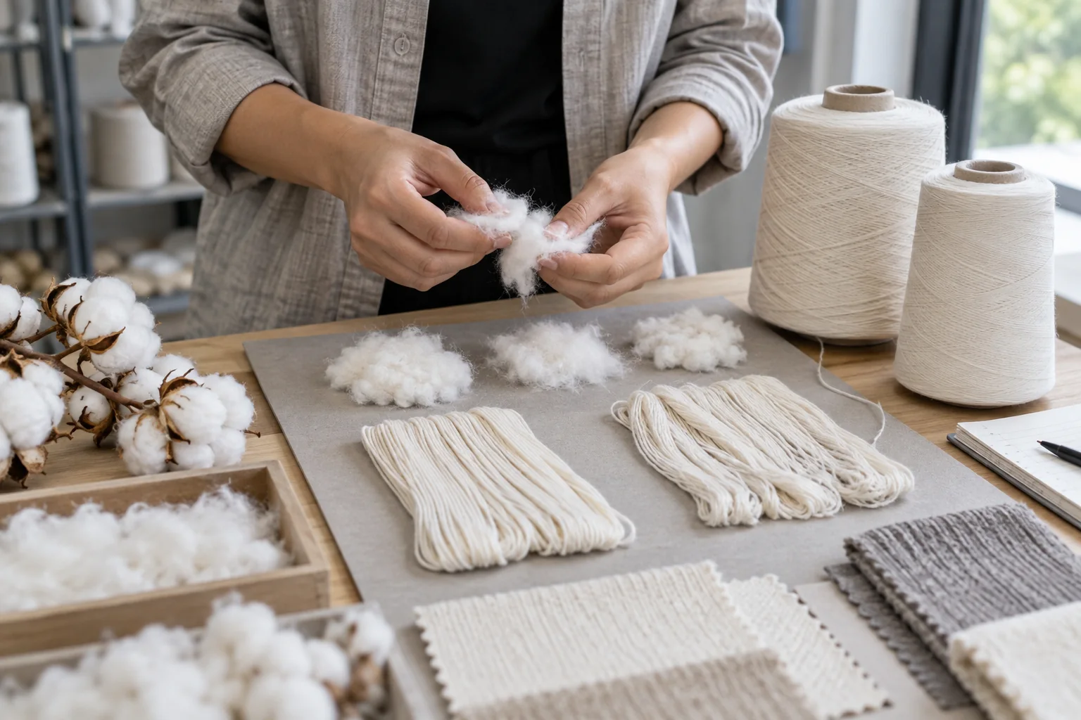 Apparel textile technician comparing cotton fiber samples, yarn cones and combed versus carded yarn appearance on a neutral development board, no readable text