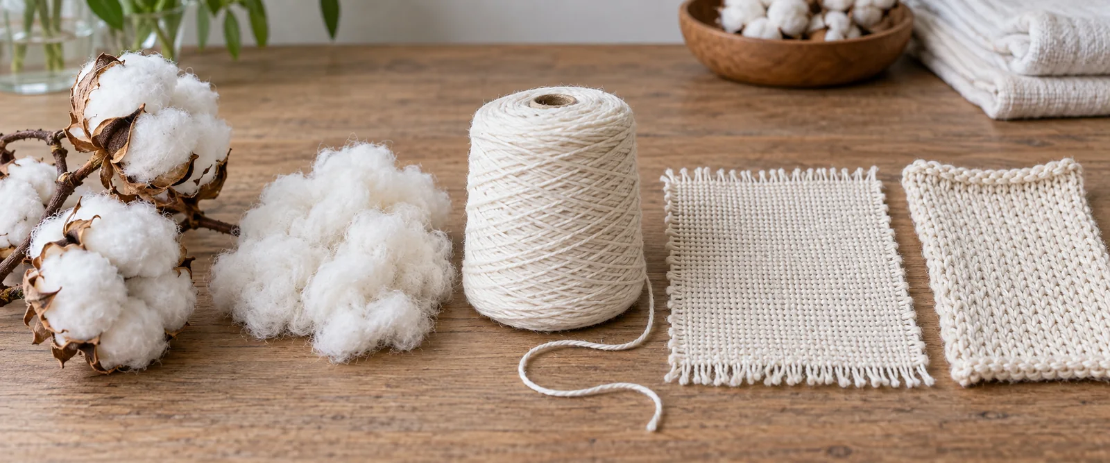 Cotton boll, spun cotton yarn and finished woven and knitted cotton swatches arranged in a clean textile development scene, realistic natural fibers, no labels or readable text