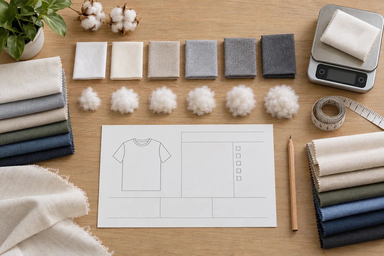 Cotton fabric GSM and width selection flat lay with several fabric weights, digital scale, width tape, folded swatches and blank tech-pack card, no readable numbers