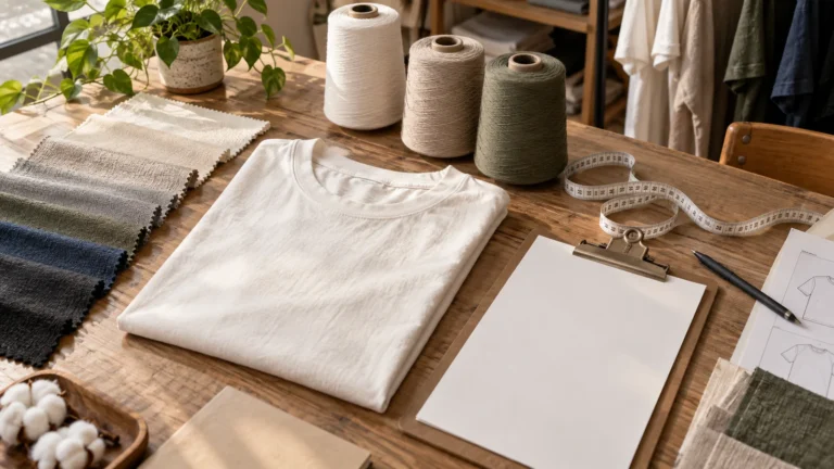Cotton fabric swatches arranged beside a folded cotton T-shirt, yarn cones, measuring tape and a blank apparel brief on a sourcing table, editorial product photography, no logos or readable text