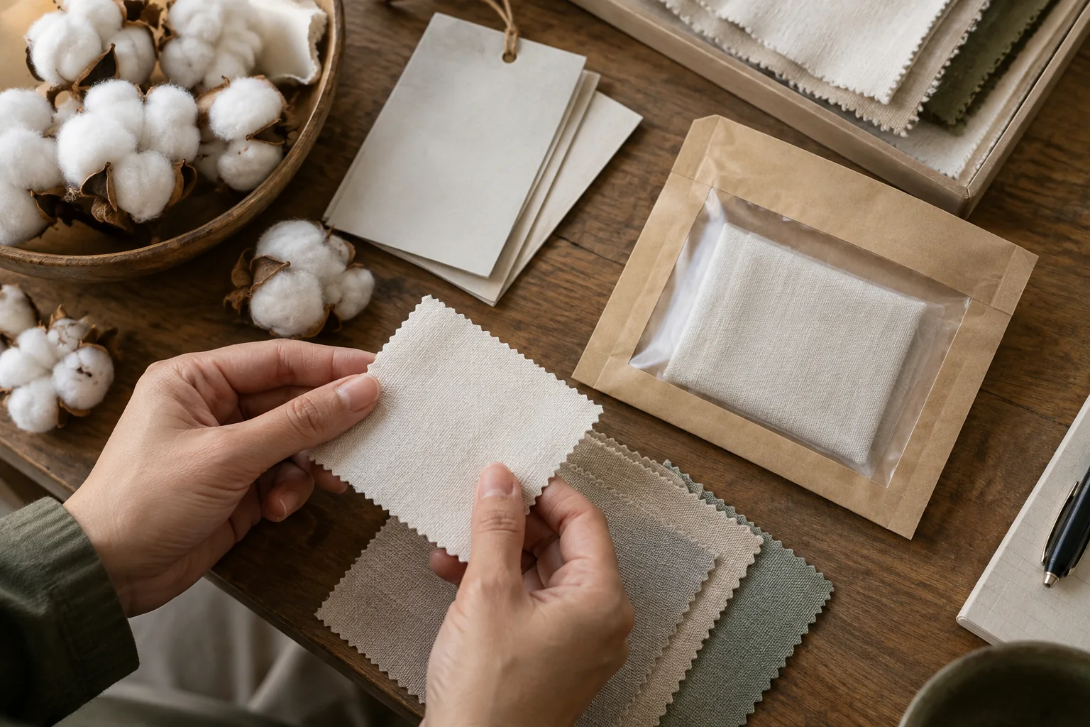 Cotton fabric sourcing scene with organic-looking cotton bolls, traceability cards without logos, fabric swatches and a sealed sample envelope, no readable text