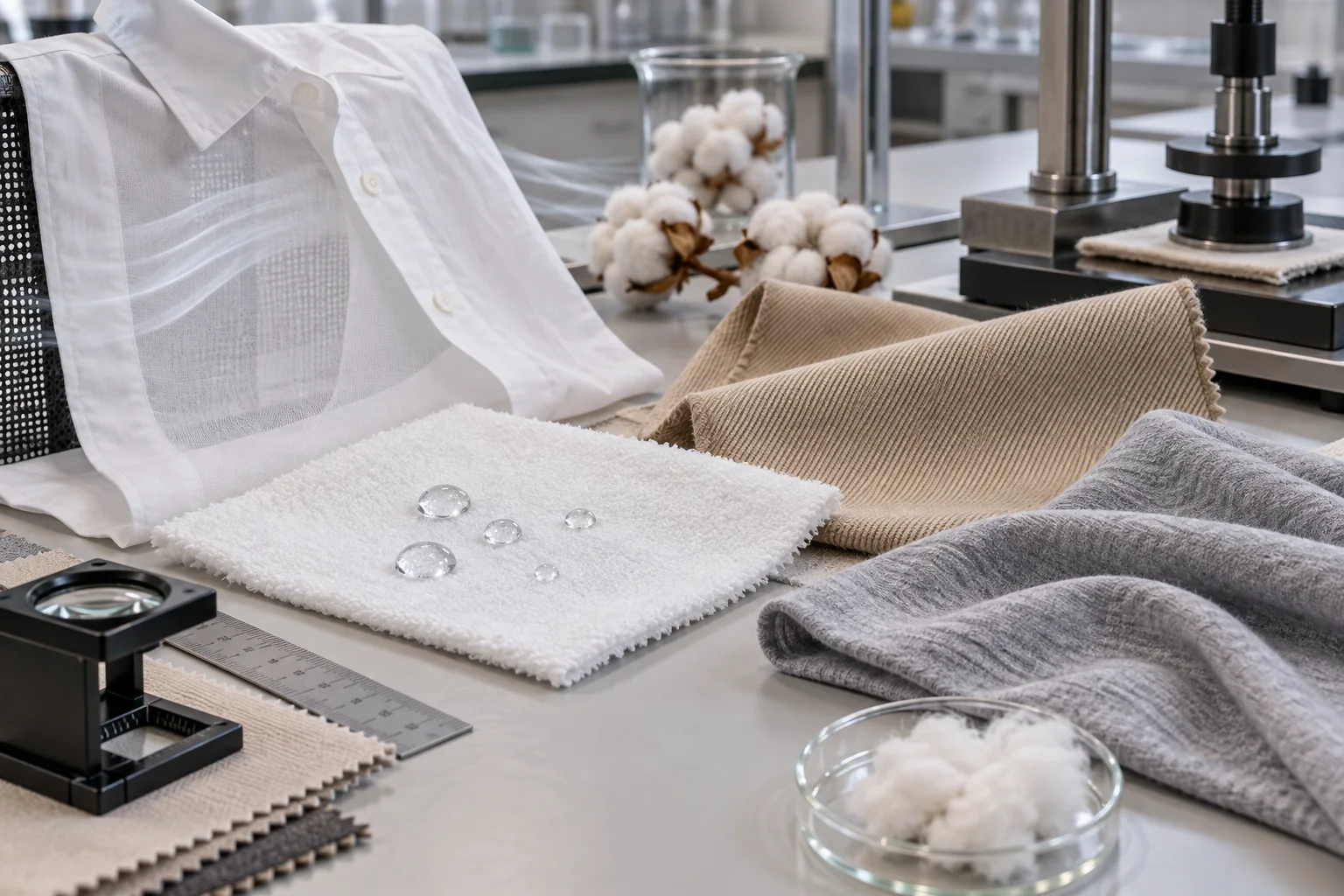 Cotton fabric property study with breathable shirt panel, absorbent swatch, durable twill, soft jersey and measurement tools, realistic textile lab styling, no text