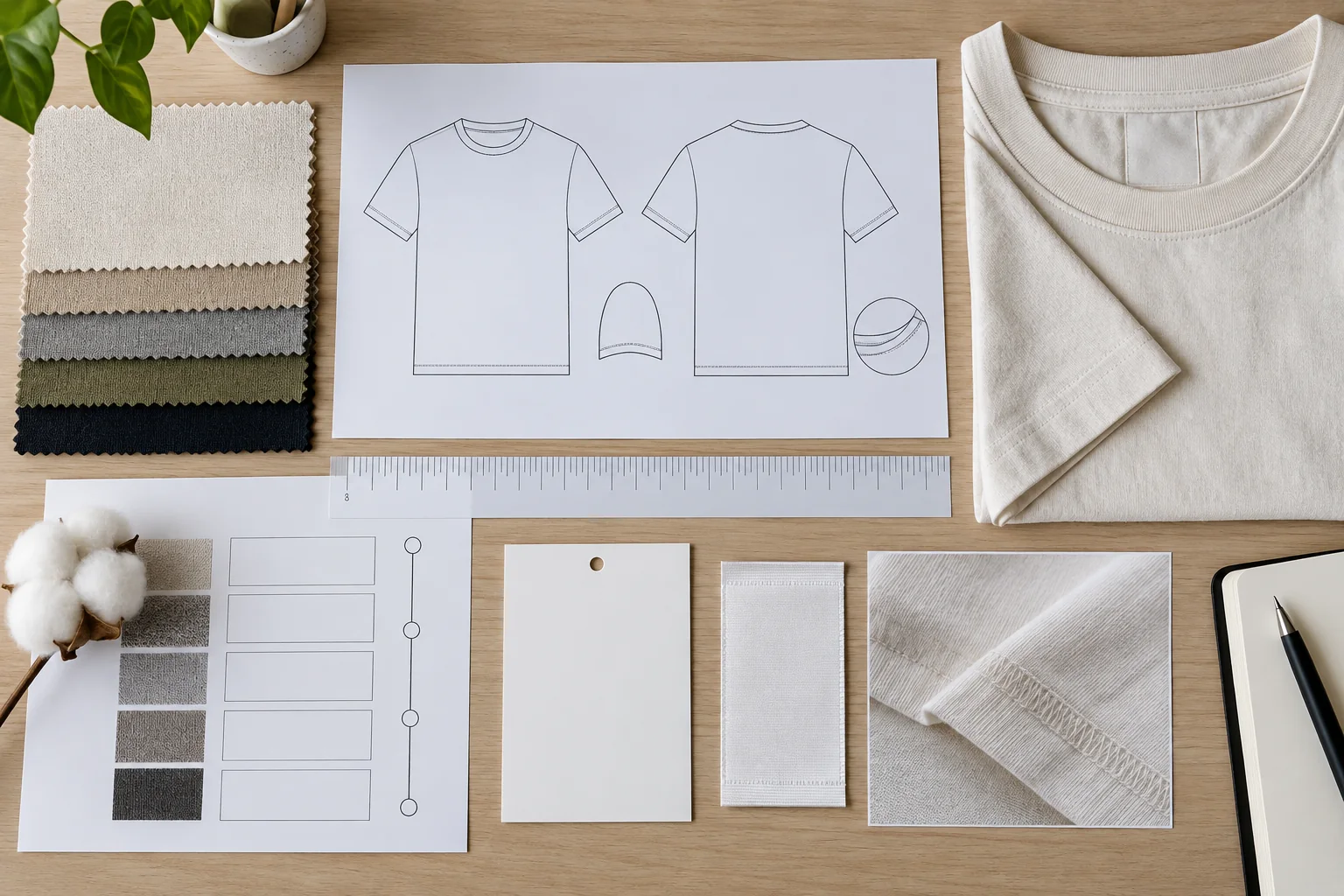 Cotton apparel tech-pack flat lay with fabric swatch, GSM scale, width ruler, fiber card, care label sample and sewn T-shirt panel, no readable text