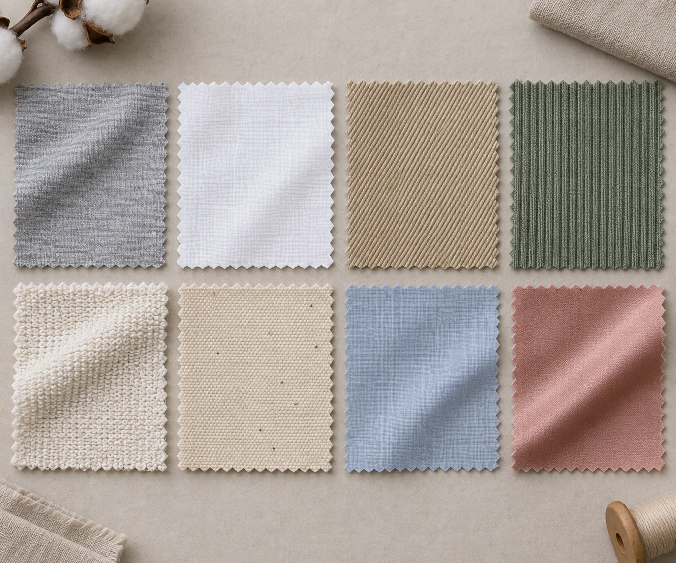 Cotton fabric type comparison board showing jersey, poplin, twill, rib, French terry, canvas, lawn and sateen swatches, balanced neutral studio, no text