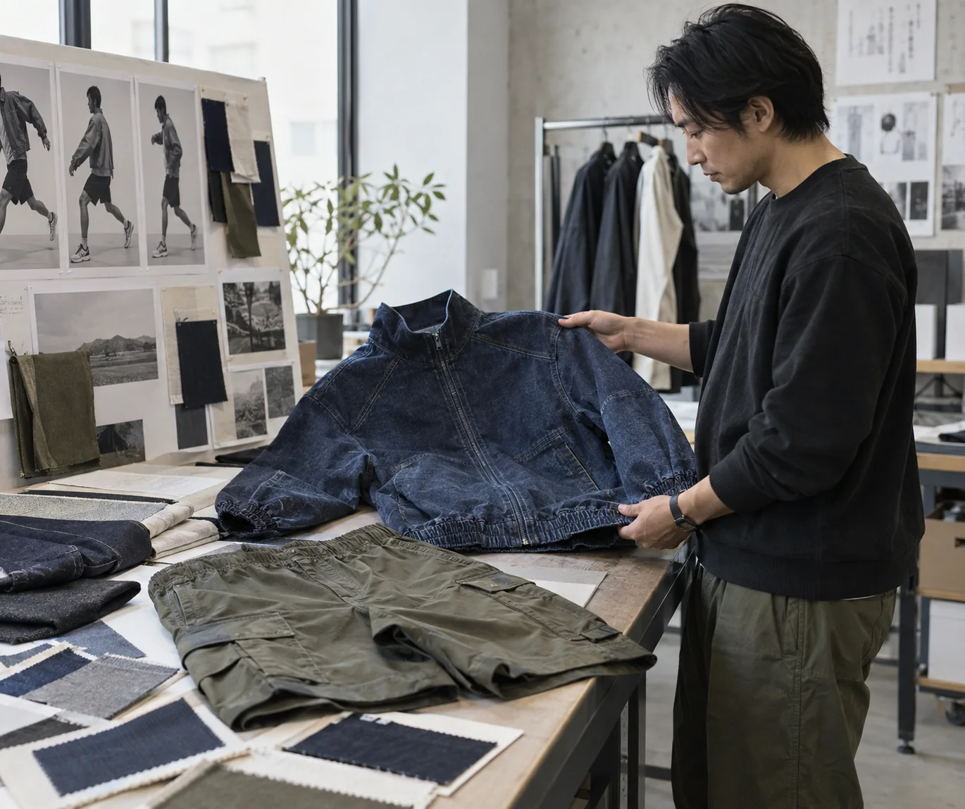 Asian apparel developer reviewing a denim warm-up jacket and stretch cargo shorts beside a movement reference, fabric cards and a relaxed streetwear sample on a studio table, no readable text