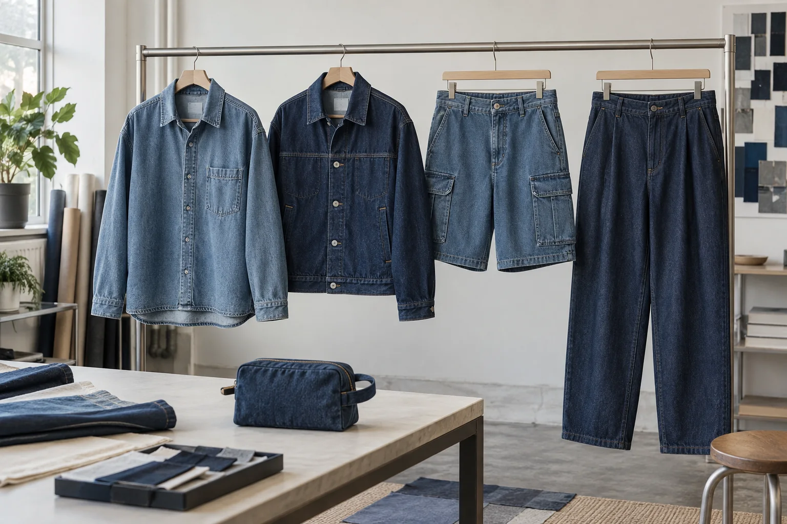 Denim apparel application set with a lightweight overshirt, indigo jacket, cargo shorts, relaxed trousers and a small accessory displayed in a clean sample room, no logos