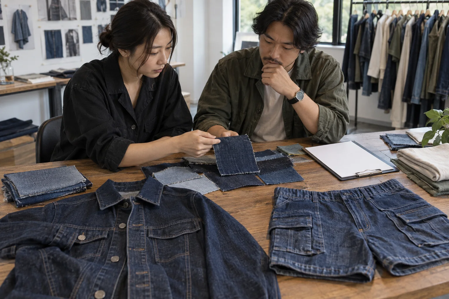 Asian apparel buyer and product developer approving indigo denim swatches beside a finished jacket, cargo short and a blank quote checklist on a clean sourcing table, no readable text