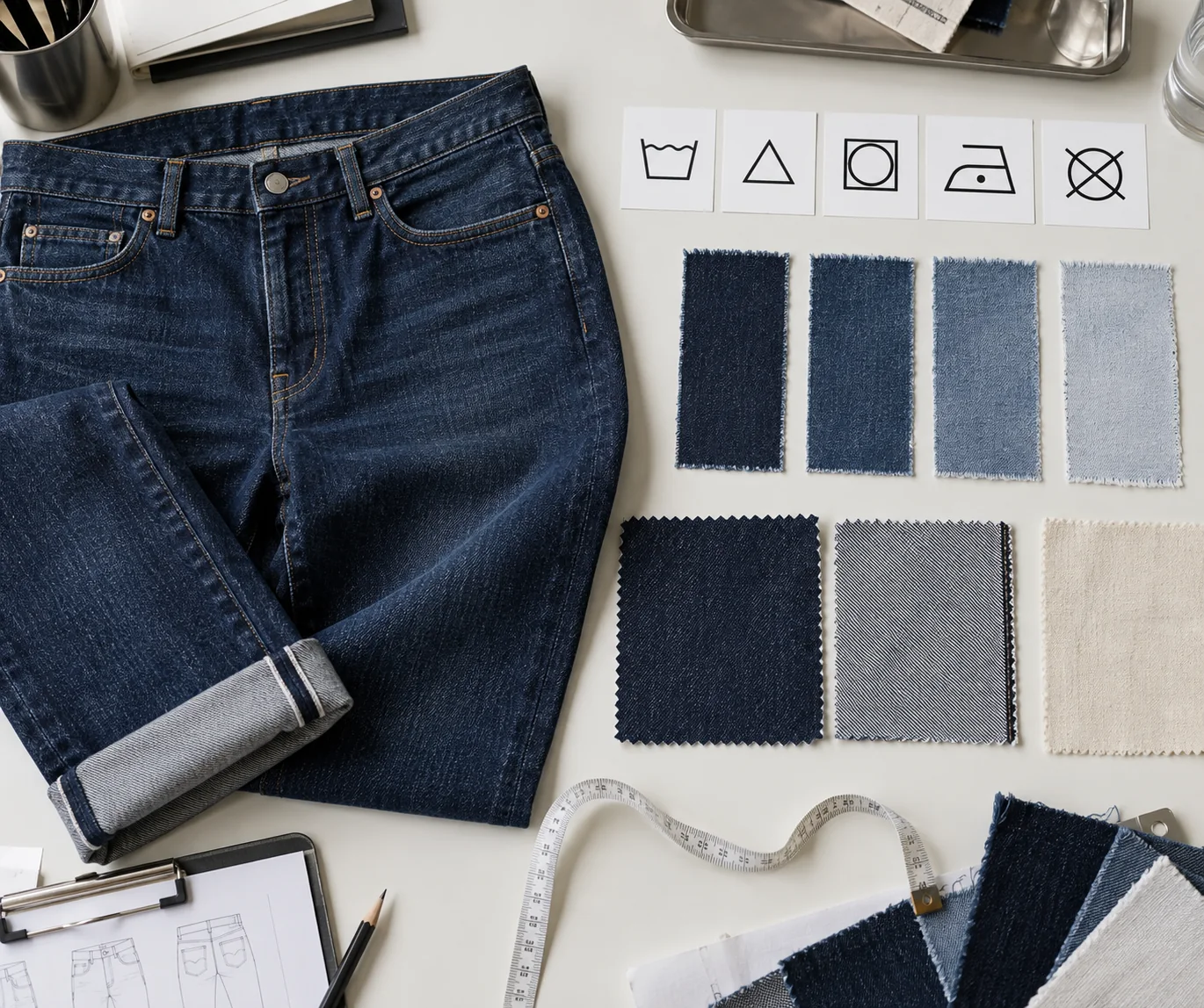 Denim garment beside care symbol cards, measuring tape, wash sample strips and approved front-and-reverse swatches on an apparel development table, no readable text