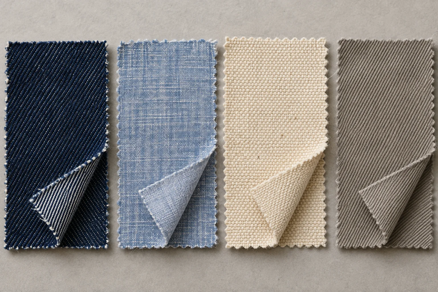Plain weave chambray, cotton canvas, diagonal denim twill and a lighter twill swatch arranged side by side under controlled light, no text