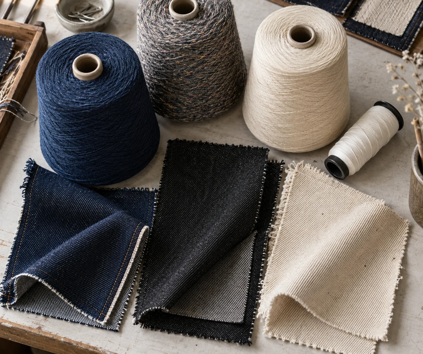 Cotton, recycled polyester, elastane and regenerated-cellulose yarn cones beside indigo, black and ecru denim swatches on a textile development bench, no logos or readable text