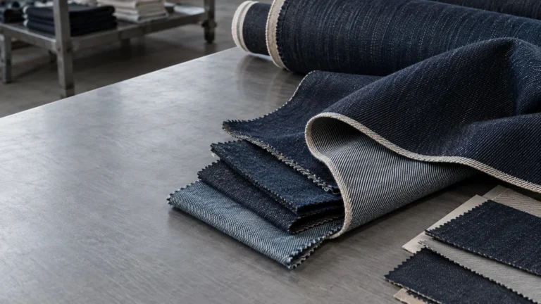 Close-up of indigo denim rolls with a visible diagonal twill surface, white filling yarn at the cut edge and folded stretch denim swatches on an apparel sourcing table, no logos or readable text