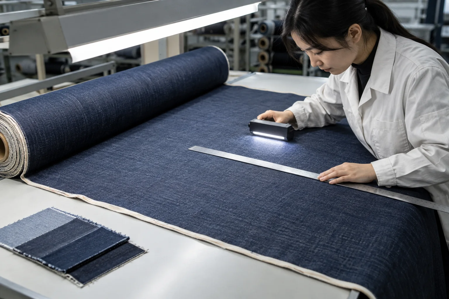 Quality inspector examining an indigo denim roll for shade bands, width, diagonal direction, surface marks and edge condition on an inspection table, no logos or text
