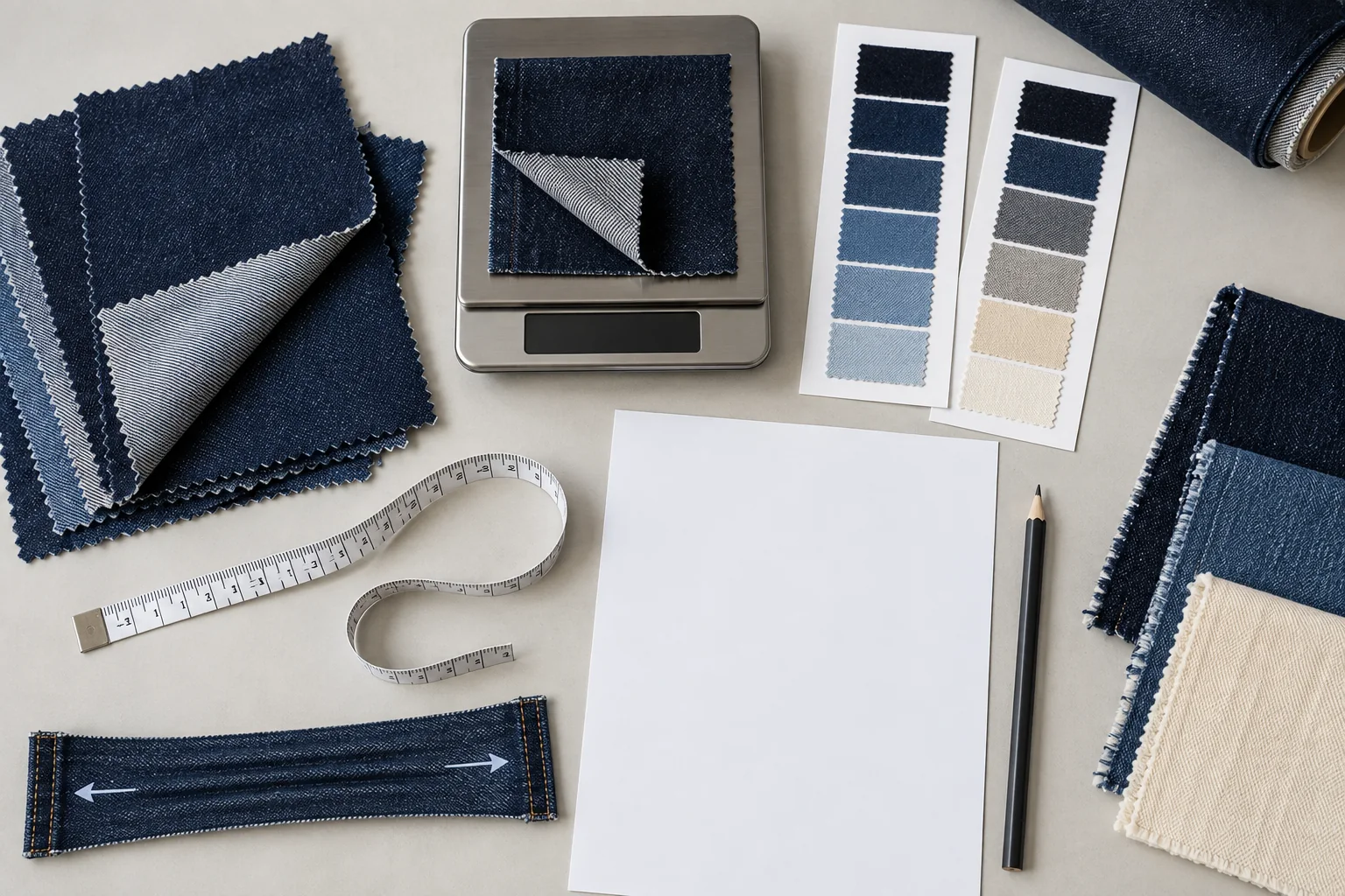 Denim fabric specification desk with GSM scale, width tape, shade cards, stretch ruler, front-and-back swatches and a blank technical material sheet, no readable text