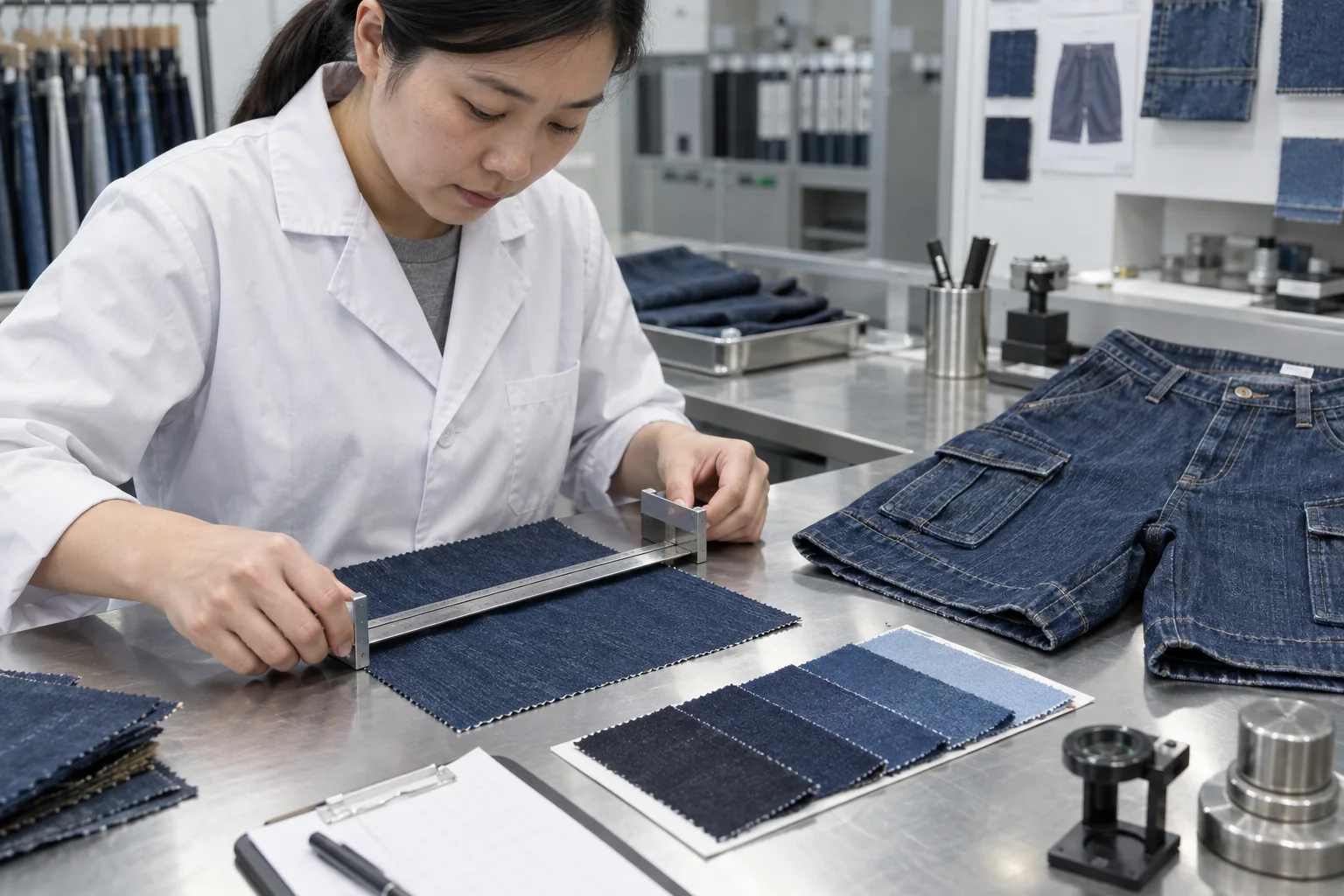 Asian textile technician measuring denim mass, usable width and dimensional change beside a sewn cargo short sample, shade swatches and laboratory tools, no readable text