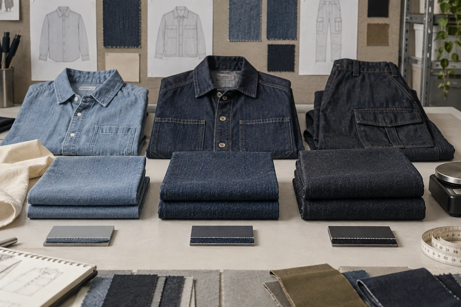 A graded lineup of lightweight, medium and heavyweight denim folded beside a GSM scale, width tape and finished shirt, overshirt and cargo pant samples, no readable text