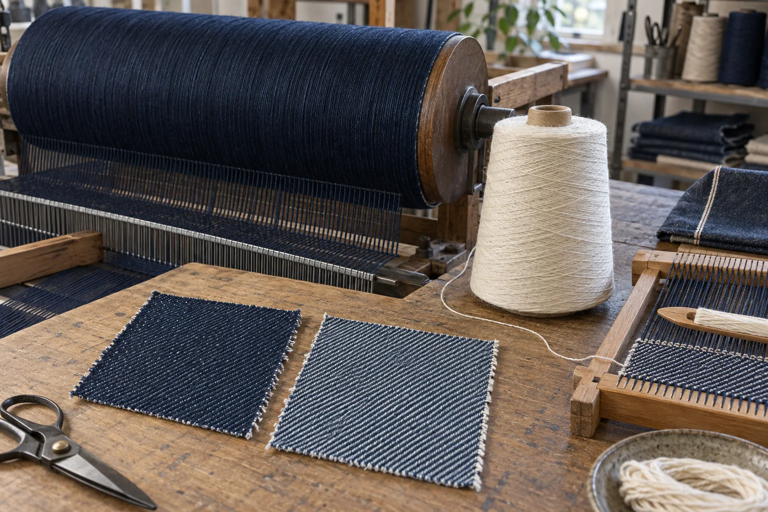 Denim development bench with indigo warp beam, lighter weft yarns, a 2 x 1 and 3 x 1 weave sample and a close-up loom study, no labels or readable text