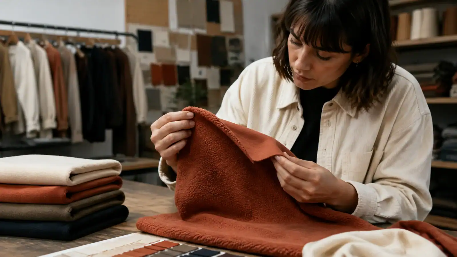 Mujer examinando una muestra de tela para ropa personalizada en DETOSUN.