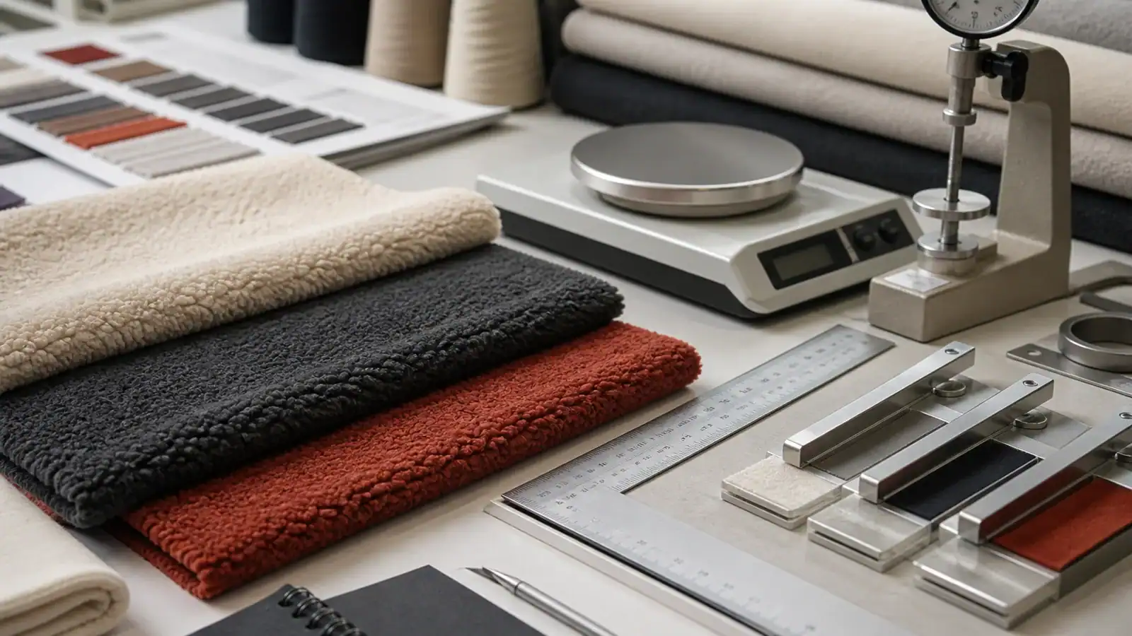 Muestras de tela y herramientas de medición para la producción de ropa personalizada.