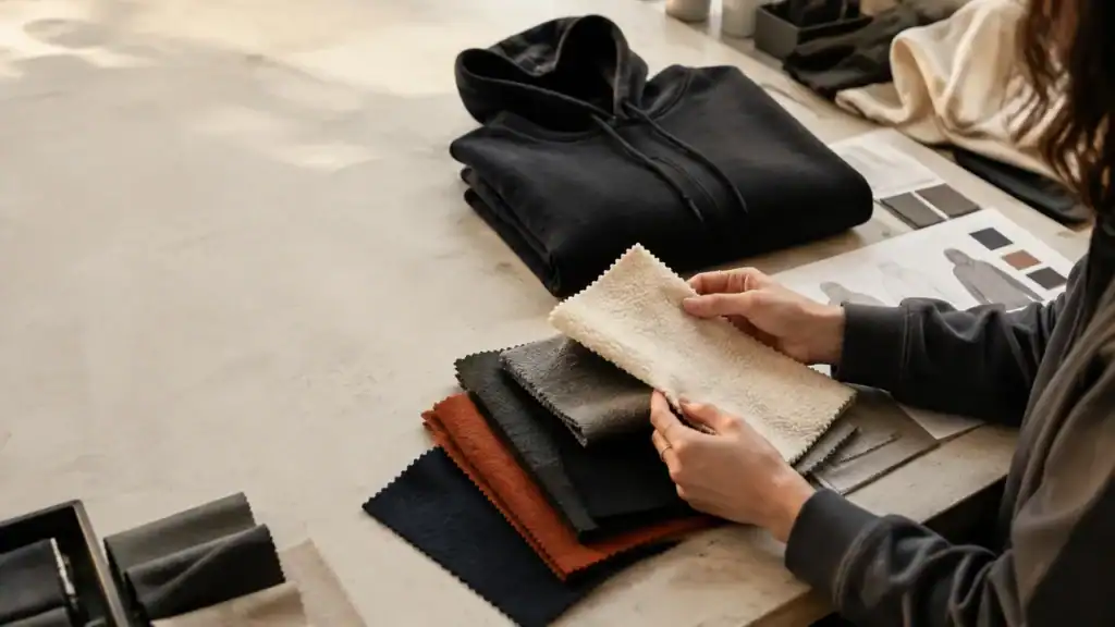 Equipo de diseño seleccionando muestras de tela para la fabricación de ropa deportiva personalizada.