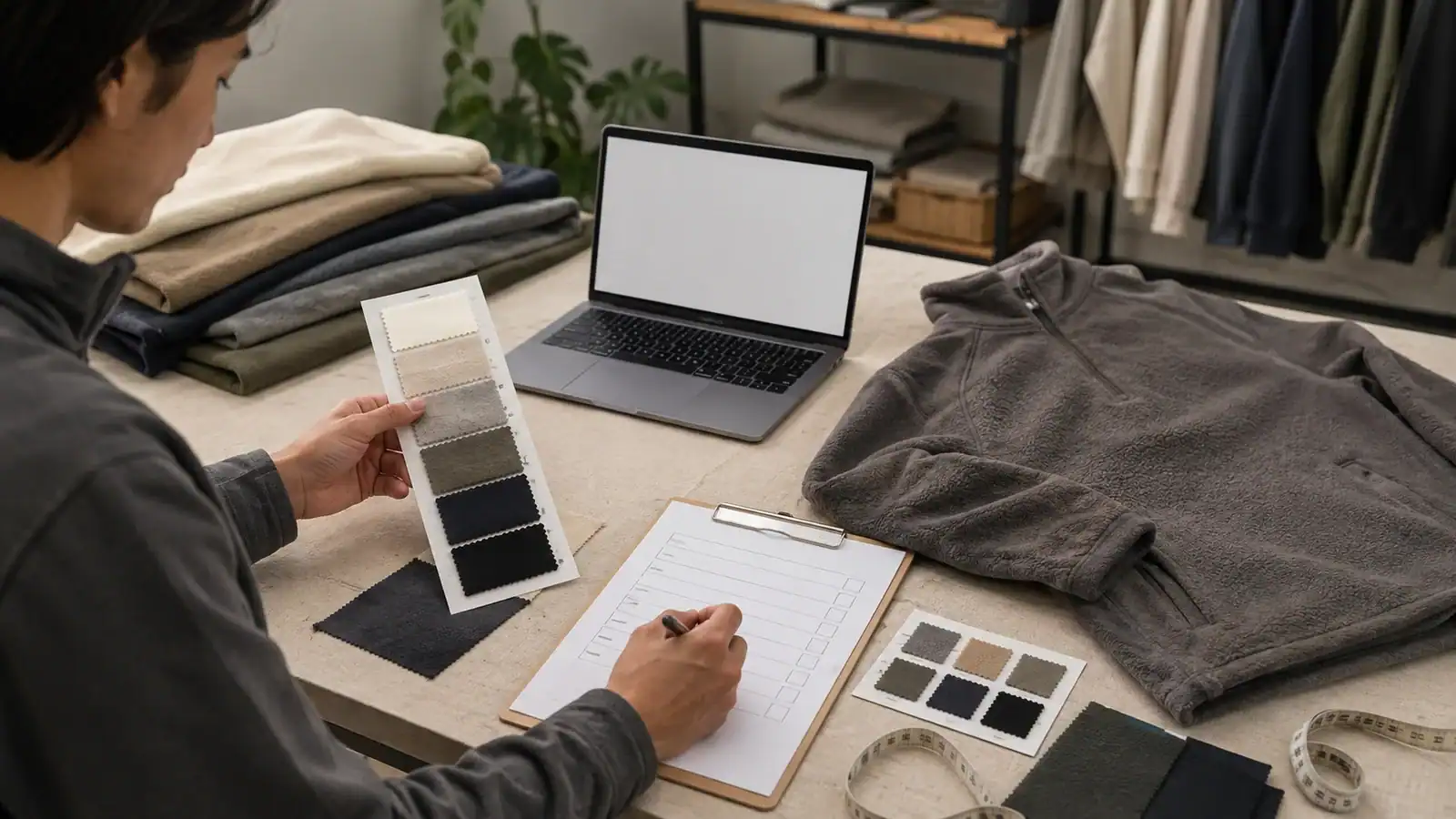 Equipo de diseño trabajando en muestras de ropa personalizada y selección de telas.