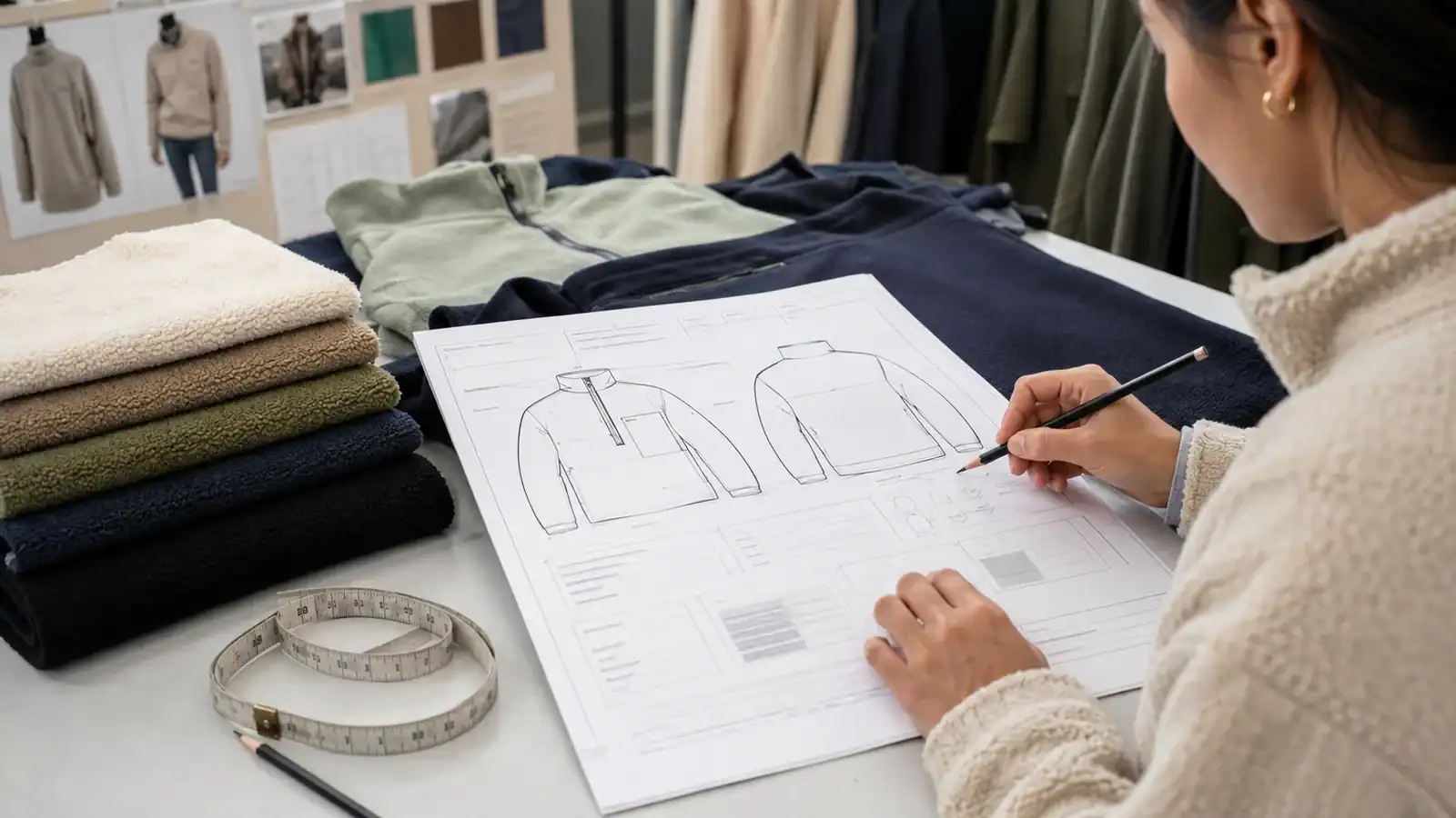 Desarrollador de productos de ropa completando un tech pack de felpa con composición, GSM, cepillado y campos de prueba