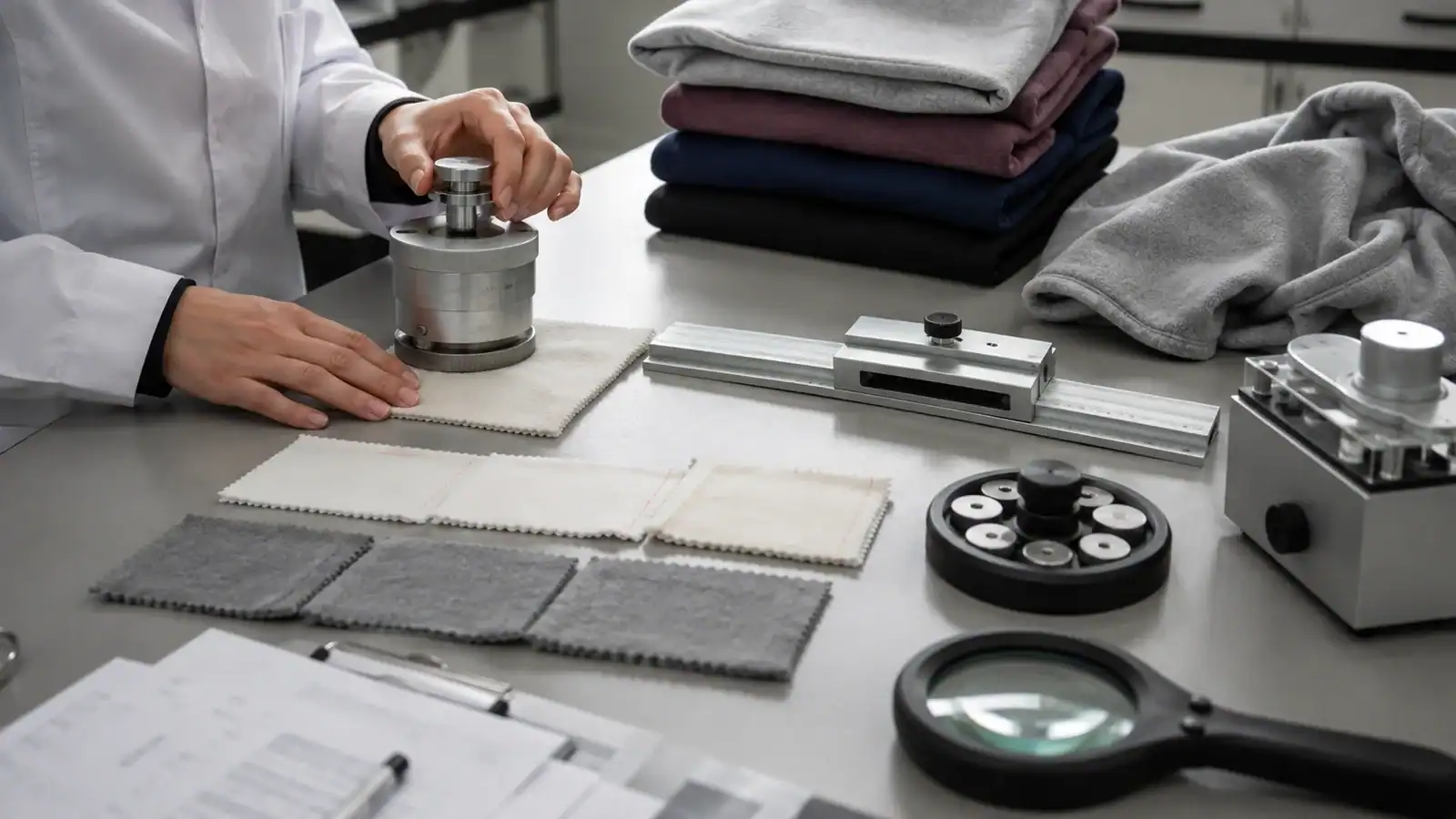 Muestras de tela para prendas y herramientas de diseño en una instalación de fabricación.