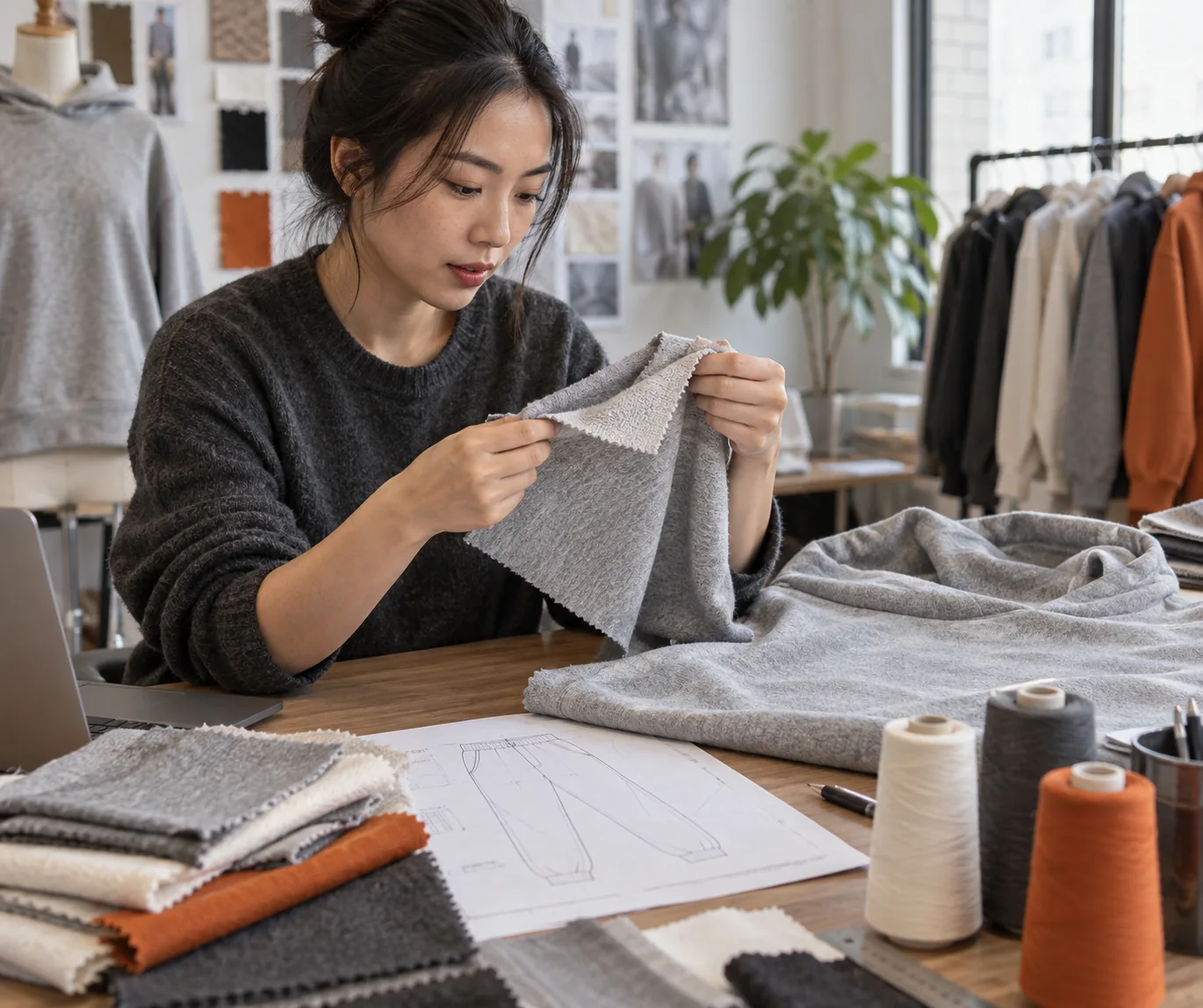 Apparel fabric developer examining the smooth face and loopback side of French terry beside a hoodie panel and jogger pattern, Asian designer, no logos or readable text