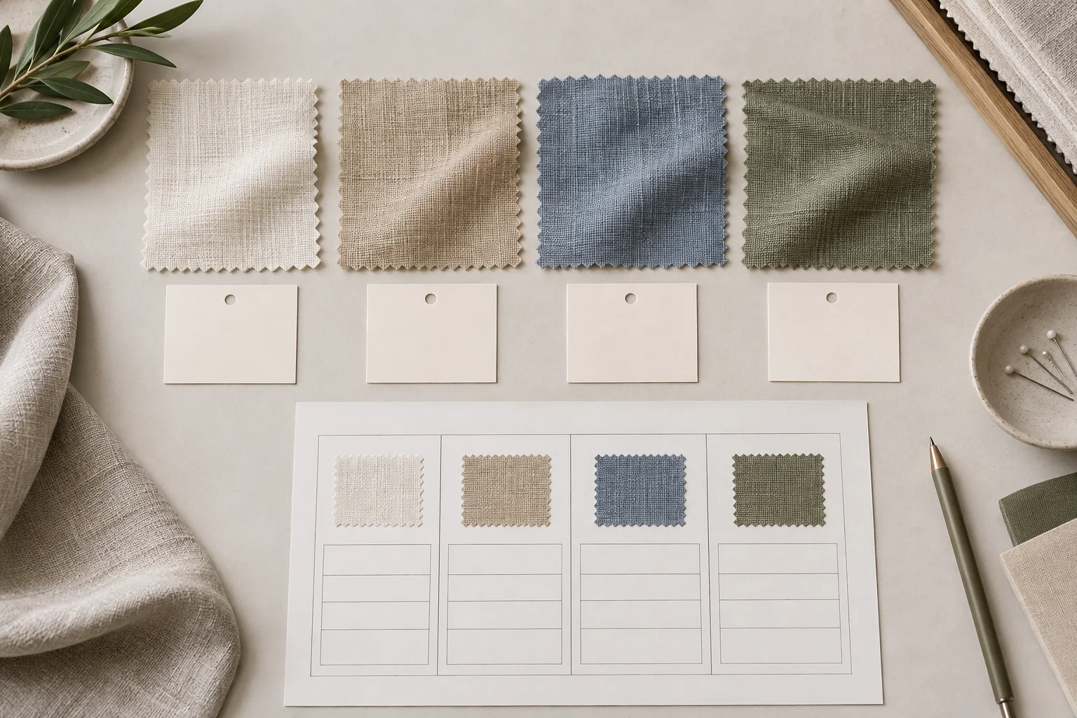 Linen, linen-cotton, linen-viscose and linen-polyester swatches with composition cards and a blank label review sheet, no readable text