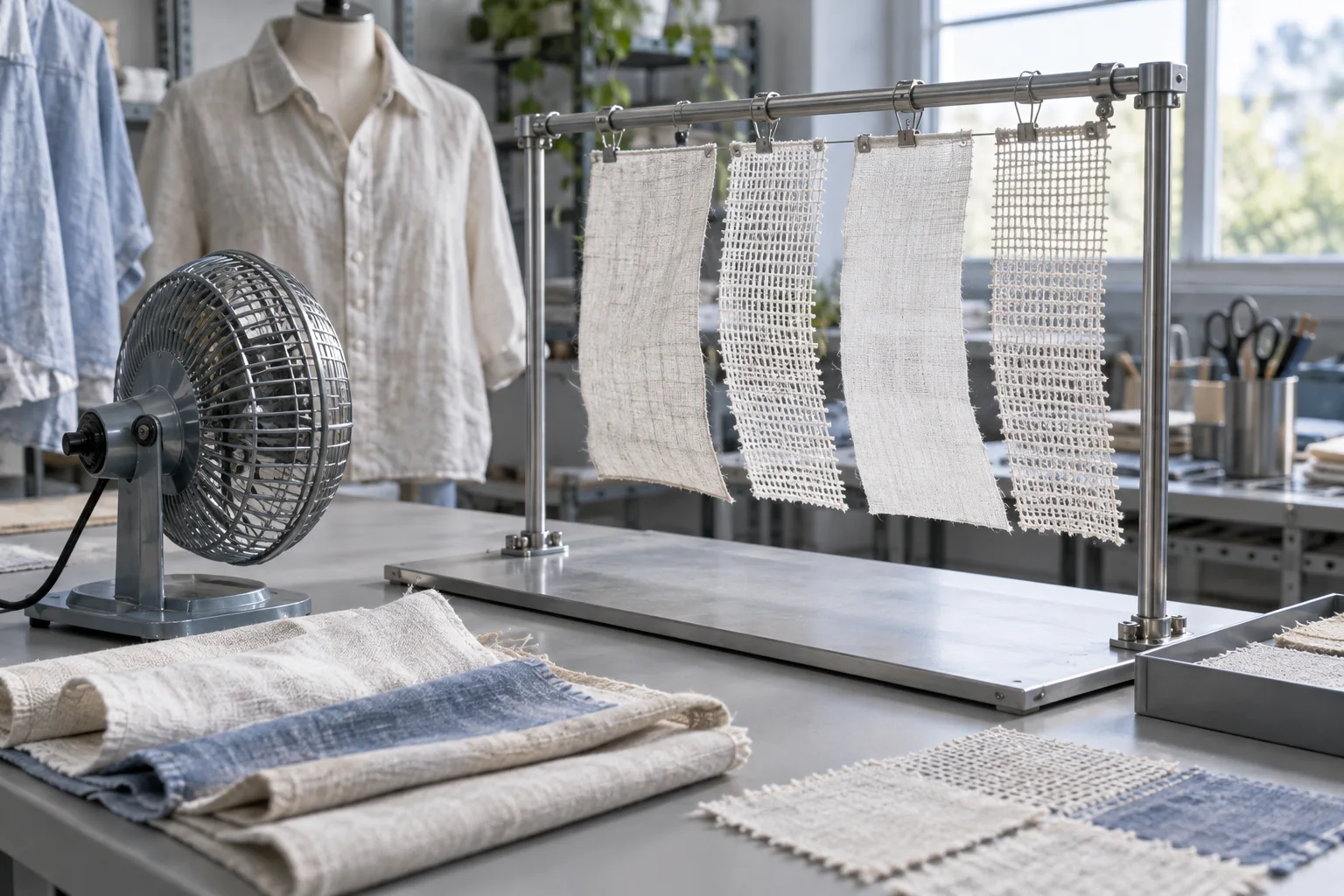 Linen shirt panels and open-weave swatches on a simple air-permeability development setup with a hand fan and fabric frame, no numbers or text
