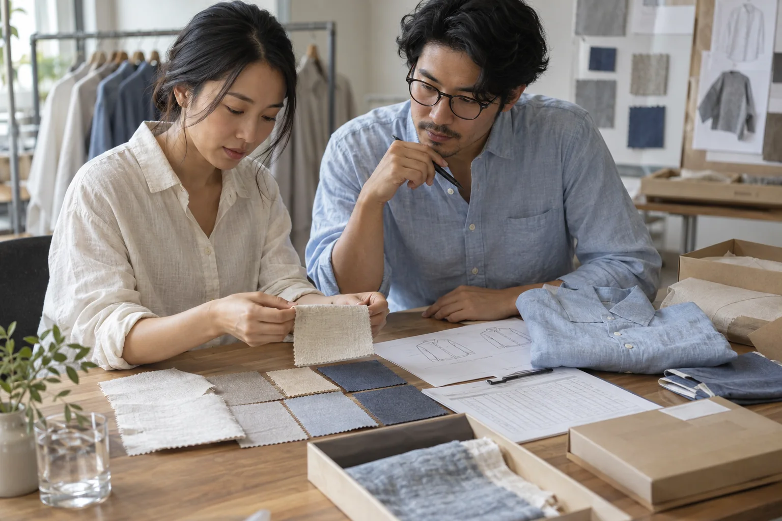 Apparel buyer and product developer approving linen swatches beside a sewn shirt, measurement sheet, wash specimen and packaging sample, Asian professionals, no readable text